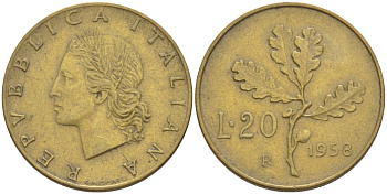 ИТАЛИЯ 20 ЛИР 1958 R, ДУБОВЫЕ ЛИСТЬЯ KM 97.1 алюминиевая бронза 4551-245