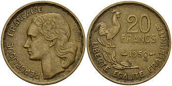 Франция 20 франков 1950 KM 917 алюминиевая бронза 4156-723