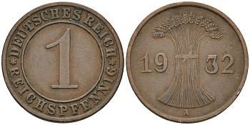 Германия 1 рейхспфенниг 1932 A KM 37, J. 313 бронза 4189-1151