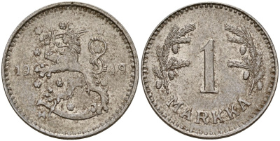 Финляндия 1 марка 1949 Н KM 30b железо 4580-1262
