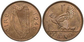 ИРЛАНДИЯ 1 ПЕННИ 1946 КУРИЦА С ЦЫПЛЯТАМИ KM 11 бронза aUNC 4389-741