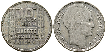 Франция 10 франков 1930 Пьер Тюрен KM 878, Le Franc 360.3 серебро 79-424