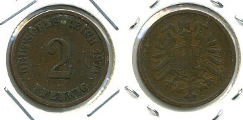 ГЕРМАНИЯ 2 ПФЕННИГА 1874 C, СТАРОГЕРБОВКА KM 2, J.2 медь 701-412