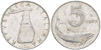 ИТАЛИЯ 5 ЛИР 1970 R, ДЕЛЬФИН, РУЛЬ KM 92 алюминий 4513-146