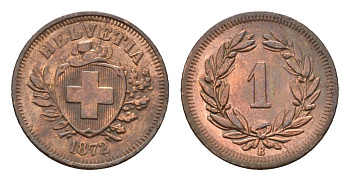 Швейцария 1 раппен 1872 B KM 3.1 бронза 1530-1141