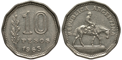 Аргентина 10 песо 1963 Гаучо KM 60 никелированная сталь 4182-513