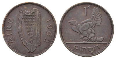 Ирландия 1 пенни 1962 курица с цыплятами KM 11 бронза 4672-822