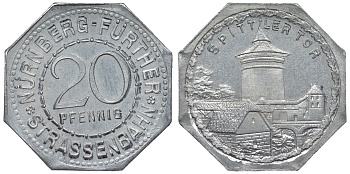 Германия, Нюрнберг - Фюрт 20 пфеннигов ND трамвайный жетон, ворота Spittler алюминий UNC 4119-546