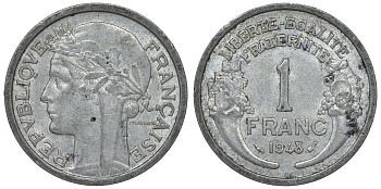 Франция 1 франк 1948 тип Morlon KM 885а.1, Le Franc 221.13 алюминий 4128-325