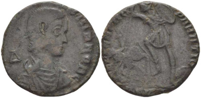 Римская Империя майорина 352 - 354 Констанций Галл в ранге цезаря, D N CONSTANTIVS IVN NOB C, слева от бюста дельта / император, поражающий персидского всадника, FEL TEMP REPARATIO, Сирмий RIC 36 биллон 1073-17-92