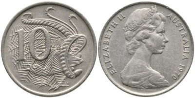 Австралия 10 центов 1970 Елизавета II (1952-), птица лирахвост KM 65 медно-никель 3336-747