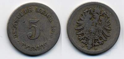 ГЕРМАНИЯ 5 ПФЕННИГОВ 1875 J, СТАРОГЕРБОВКА KM 3, J.3 медно-никель 46-258