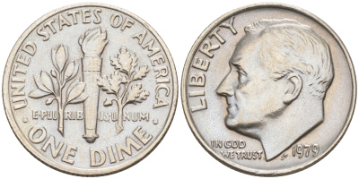 США 10 ЦЕНТОВ = 1 ДАЙМ 1979 РУЗВЕЛЬТ KM 195a медь плакированная медно-никелем 188-426