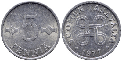 ФИНЛЯНДИЯ 5 ПЕННИ 1977 ПЕРВЫЙ ГОД KM 45а алюминий 71-1555