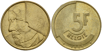 Бельгия 5 франков 1986 Belgie, Бодуэн I (1951-1993) KM 164 алюминиевая бронза 4601-245
