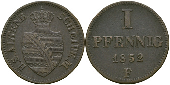 Саксен-Альтенбург 1 пфенниг 1852 F, Георг Саксен-Альтенбургский (1848-1853) KM 11, AKS 60, J. 109 медь    99-625