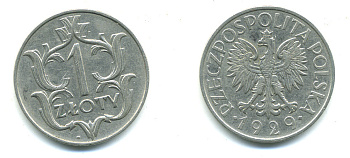 ПОЛЬША 1 ЗЛОТЫЙ 1929 w KM 14 никель 4383-225