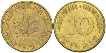 ФРГ 10 ПФЕННИГОВ 1979 G KM 108, J. 383 сталь плакированная латунью 4182-914