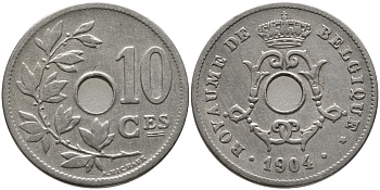 БЕЛЬГИЯ 10 САНТИМОВ 1904 BELGIQUE KM 52 медно-никель 4379-1431