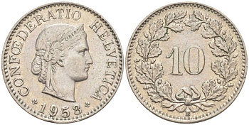 Швейцария 10 раппенов 1958 B KM 27 медно-никель     55-256