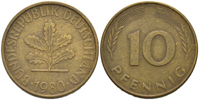 ФРГ 10 пфеннигов 1980 J KM 108, J. 383 сталь плакированная латунью 4681-1146