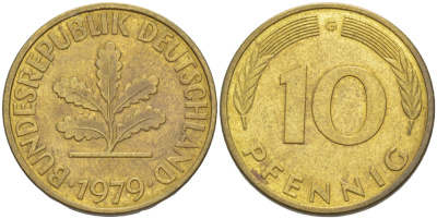 ФРГ 10 ПФЕННИГОВ 1979 G KM 108, J. 383 сталь плакированная латунью 4182-914