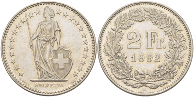 Швейцария 2 франка 1992 В KM 21а.3 медно-никель 4683-722