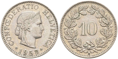Швейцария 10 раппенов 1958 B KM 27 медно-никель     55-256