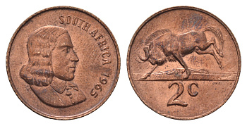 ЮАР 2 цента 1965 Ян ван Рибек (1619-1677), South Africa, легенда на английском, антилопа KM 66.1 бронза UNC 4693-236