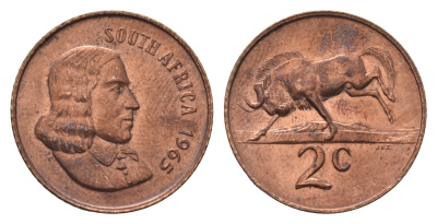 ЮАР 2 цента 1965 Ян ван Рибек (1619-1677), South Africa, легенда на английском, антилопа KM 66.1 бронза UNC 4693-236