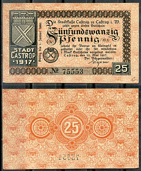 Германия, Кастроп 25 пфеннигов 1917 нотгельд, 15.5.1917, узкие цифры Tieste 1105/10 бумага UNC (пресс) 8614-44-4-2