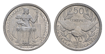 Французская Новая Каледония 50 сантимов 1949 птица кагу, заморские территории KM 1 алюминий  aUNC  4640-862