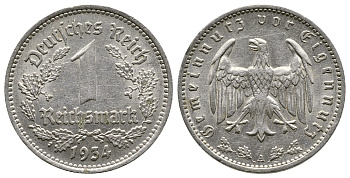 ГЕРМАНИЯ 1 РЕЙХСМАРКА 1934 А KM 78, J. 354 никель 4380-514