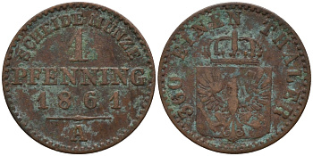 Пруссия 1 пфенниг 1861 А, Вильгельм I (1861-1888) KM 480 медь 4532-436