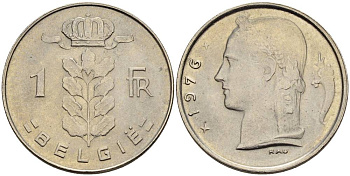 Бельгия 1 франк 1976 Belgie, Бодуэн I (1951-1993) KM 143.1 медно-никель 4546-425
