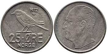 Норвегия 25 эре 1972 Улаф V (1958-1991), синица KM 407 медно-никель 4387-829