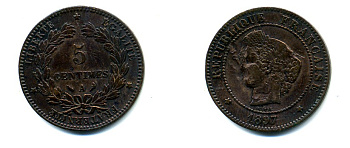 ФРАНЦИЯ 5 САНТИМОВ 1897 A, ТРЕТЬЯ РЕСПУБЛИКА (1871-1940) KM 821.1, LE FRANC 118.41 бронза 80-621