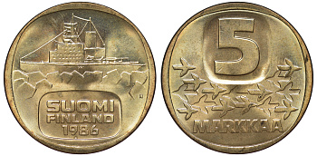 ФИНЛЯНДИЯ 5 МАРОК 1986 N, КОРАБЛЬ KM 57 алюминиевая бронза UNC 3334-345