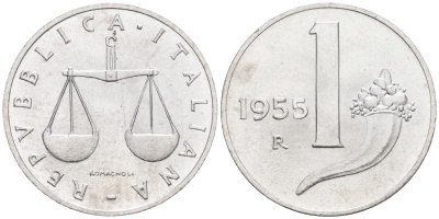 Италия 1 лира 1955 R, весы KM 91 алюминий  UNC  4594-759