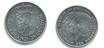 Нидерланды 2 1/2 гульдена 1980 коронация Беатрикс, 30 апреля 1980 KM 201 никель 84-1231