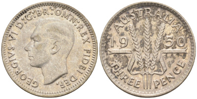 Австралия 3 пенса 1950 m, Георг VI (1937-1952) KM 44 серебро 4115-157