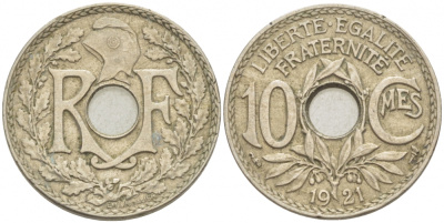 Франция 10 сантимов 1921 тип Линдайё KM 866a, Le Franc 138.3 медно-никель 77-857