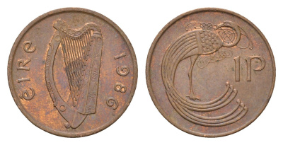 Ирландия 1 пенни 1986 мифологическая птица лира KM 20 бронза 4690-443