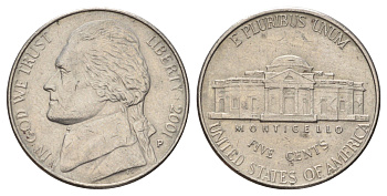 США 5 центов 2001 P, Джефферсон KM A192 медно-никель 4671-1252
