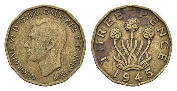Великобритания 3 пенса 1945 Георг VI (1936-1952) KM 849, Spink 4112 никель латунь 4671-1151