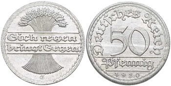 ГЕРМАНИЯ 50 ПФЕННИГОВ 1920 G KM 27, J. 301, Weege 10 алюминий 4388-1131