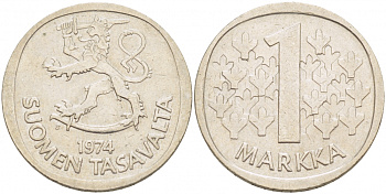 ФИНЛЯНДИЯ 1 МАРКА 1974 S KM 49а медно-никель UNC 3718-1212