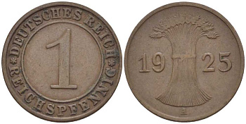 ГЕРМАНИЯ 1 РЕЙХСПФЕННИГ 1925 A KM 37, J. 313, Weege 2 бронза 211-115