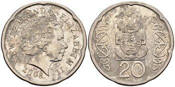 Новая Зеландия 20 центов 2008 Елизавета II (1952-2022), идол Пукаки KM 118а никелированная сталь 4579-1242