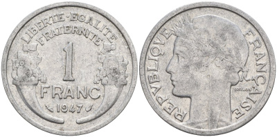 Франция 1 франк 1947 KM 885a.1 алюминий 4142-951